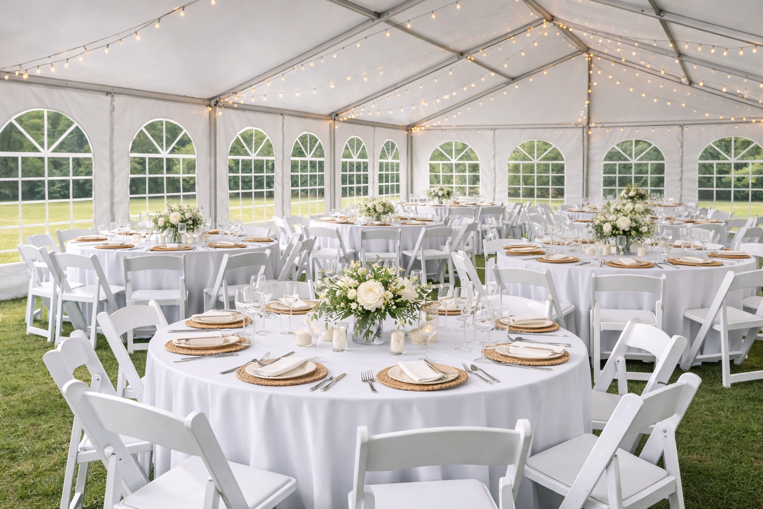 Tent tables and chairs setup by Streamline Event Rentals